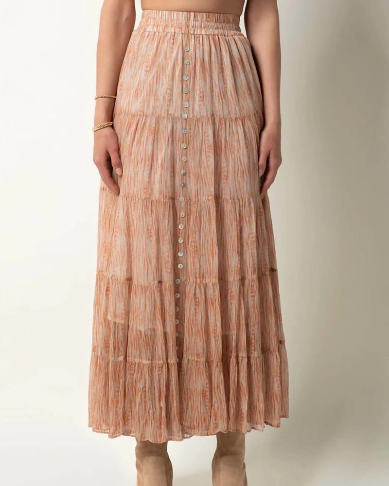 Front of a model wearing a size L Lecia Skirt In Abstract Ikat in Abstract Ikat by Tart Collections. | dia_product_style_image_id:346873